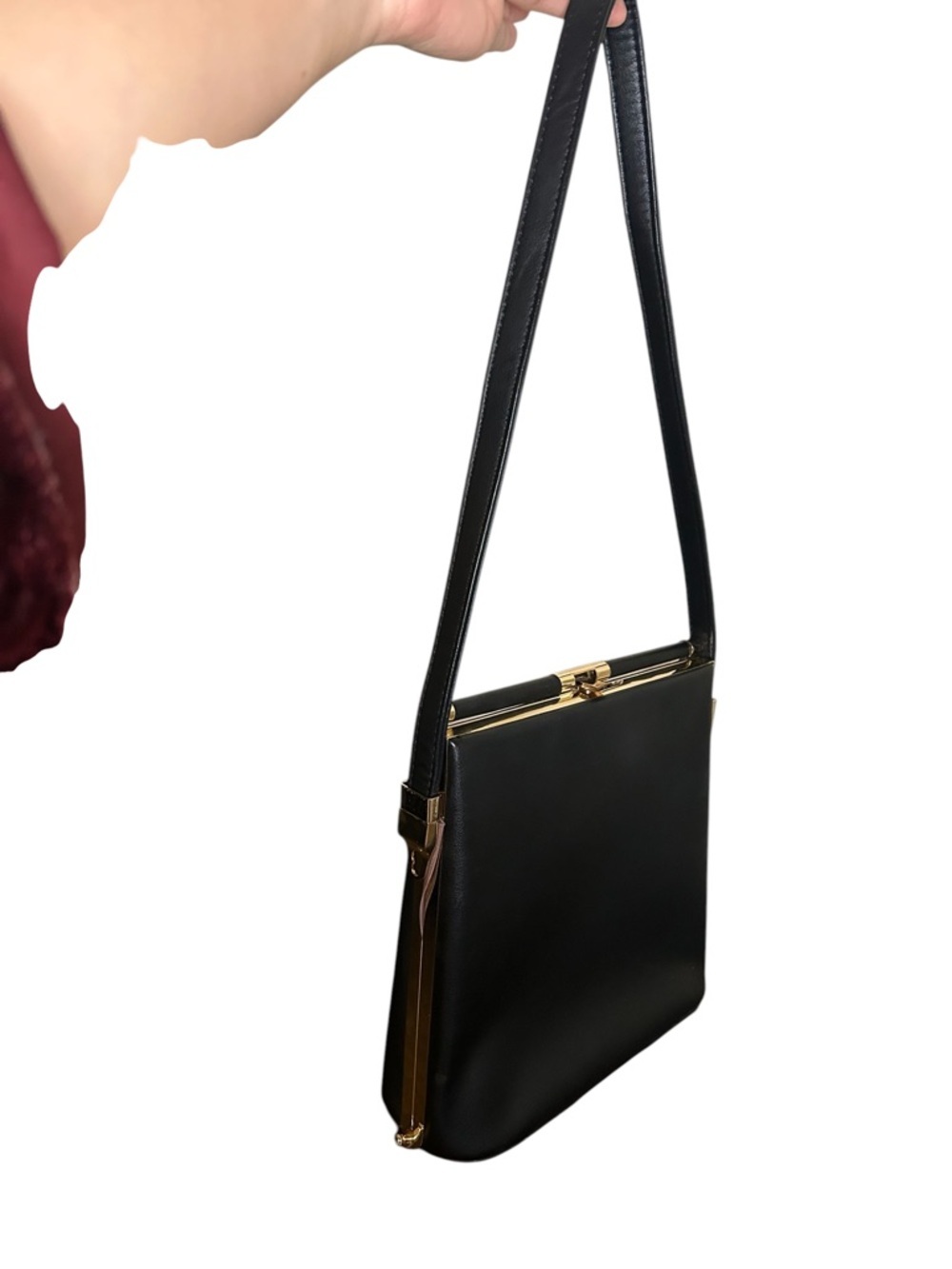 Minimalist and sleek Black Top-Handle Shoulder Bag with Gold Hardware - Picture 2 of 16